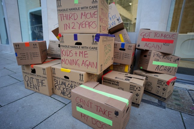 Empty cardboard boxes outside Foxtons in London, following a protest against soaring rents. Organised by the London Renters Union (LRU) who have said there is a growing wave of renter-led demonstrations across Europe to highlight the impact of high rents and to demand controls. Picture date: Saturday December 14, 2024. PA Photo. Photo credit should read: Jordan Pettitt/PA Wire