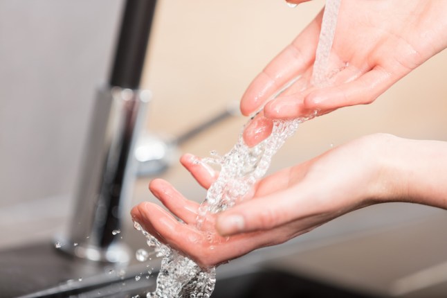 hands of a woman with some water flowing through her fingers refreshing and washing while she's in her kitchen; Shutterstock ID 588559802; purchase_order: -; job: -; client: -; other: -