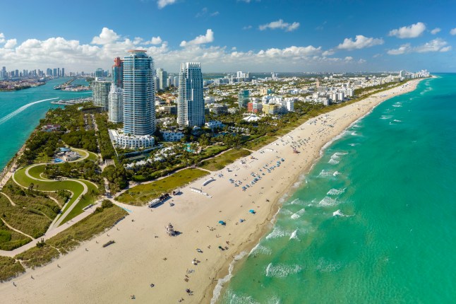 Panoramic view of Miami Beach urban landscape. South Beach high luxurious hotels and apartment buildings. Travel destination in the USA