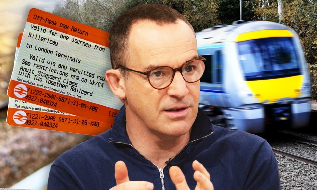 Martin Lewis is pictured against a backdrop of two UK train tickets and one train moving on tracks.