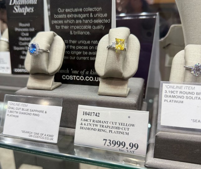 Diamond rings in a case inside Costco, with a £73,999 price tag