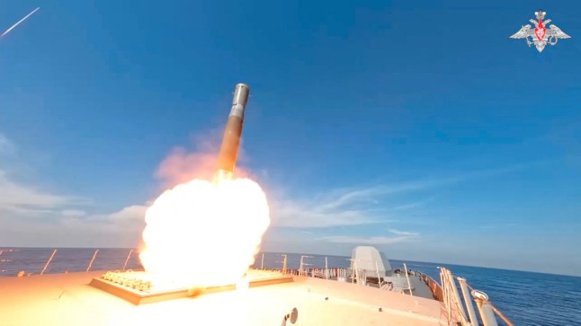 A Russian Navy frigate fires a Zircon (Tsirkon) hypersonic anti-ship missile during drills conducted in the eastern part of the Mediterranean Sea, in this still image from video released on December 3, 2024. Russian Defence Ministry/Handout via REUTERS ATTENTION EDITORS - THIS IMAGE HAS BEEN SUPPLIED BY A THIRD PARTY. NO RESALES. NO ARCHIVES. MANDATORY CREDIT.