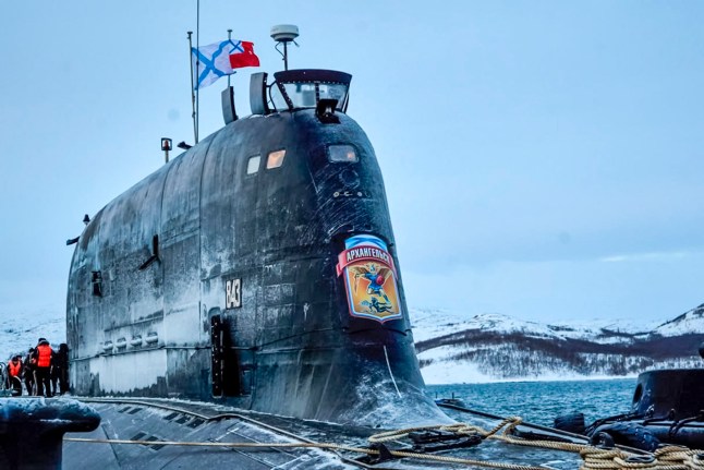 In this photo provided by the Russian Defense Ministry Press Service on Monday, Jan. 27, 2025, The Arkhangelsk nuclear submarine of the Russian navy arrives at its base of the Northern Fleet in Russia. (Russian Defense Ministry Press Service via AP)