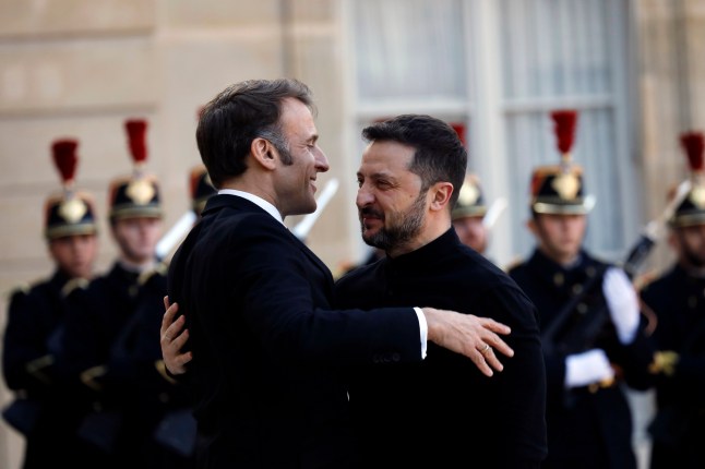 PARIS, FRANCE - MARCH 26: Ukrainian President Volodymyr Zelensky (R) meets with French President Emmanuel Macron at Elysee Palace on March 26, 2025 in Paris, France. Ahead of the meeting, the French president's office said the government "will make continuing and strengthening military and financial support to Ukraine its top priority." (Photo by Antoine Gyori - Corbis/Corbis via Getty Images)