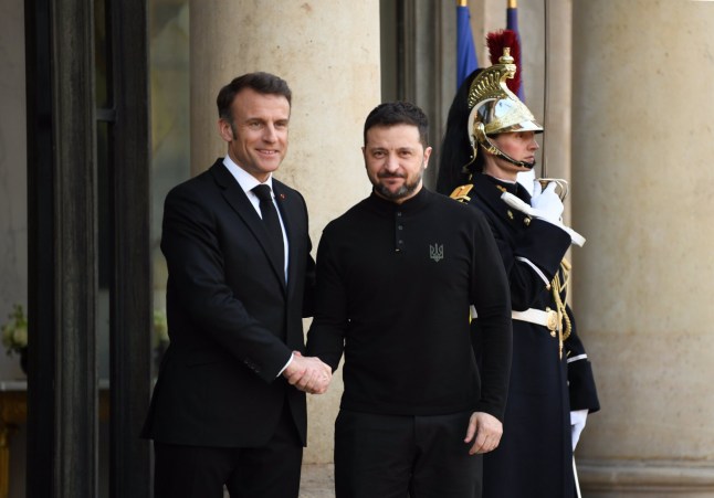 PARIS, FRANCE - MARCH 26: French President Emmanuel Macron (L) meets with Ukrainian President Volodymyr Zelenskyy at the Elysee Palace on March 26, 2025 in Paris, France. France will provide an additional 2 billion euros (2.2 billion U.S. dollars) in aid for Ukraine, President Emmanuel Macron announced on March 26. Speaking at a joint press conference with Ukrainian President Volodymyr Zelensky, Macron reaffirmed France's commitment to a lasting peace. Zelensky arrived in Paris for talks with Macron ahead of Thursday's summit of the "coalition of the willing." (Photo by Li Yang/China News Service/VCG via Getty Images)