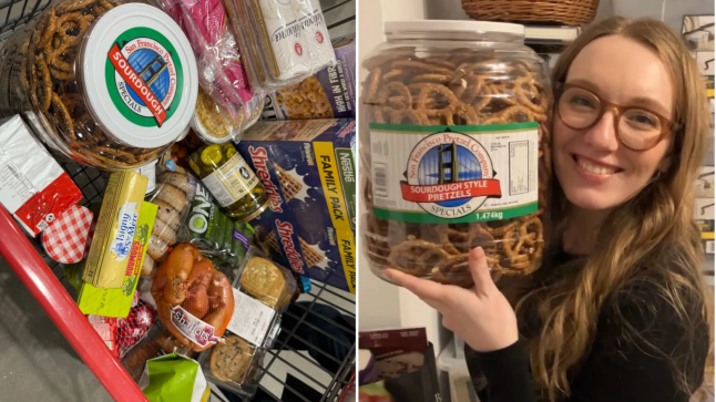 A split image showing the contents of Courtney's shopping trolley at Costco (left) and Courtney holding a giant tub of pretzels bigger than her head (right)