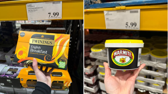 A split image showing Twinings tea bags (left) and a 600g tub of Marmite (right) from Costco
