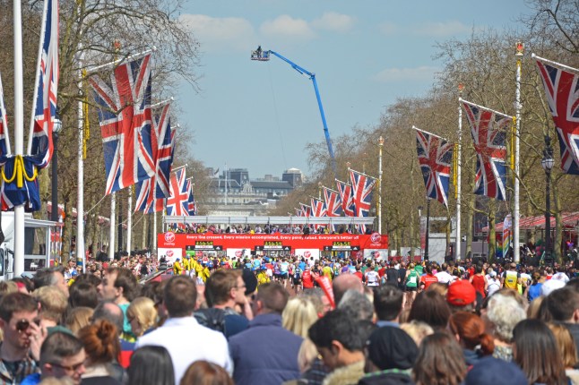 View down the Mall to the finishing line of the London Marathon in London, UK on April 21, 2013.