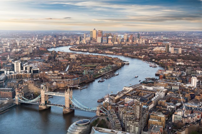 View over London: from the Tower Bridge along the Thames to Canary Wharf
