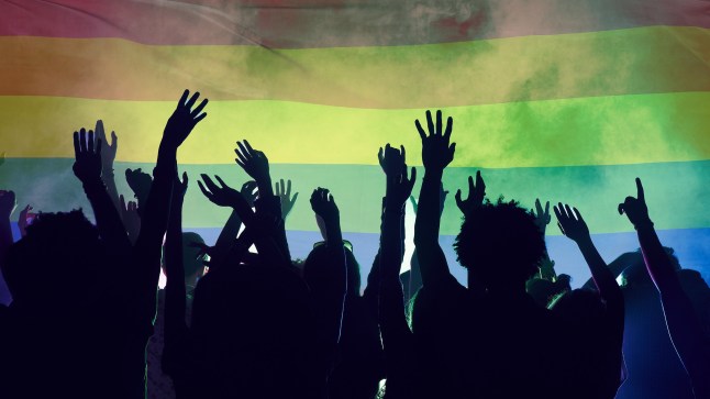 Silhouettes of people clubbing against an LGBTQ+ rainbow flag.