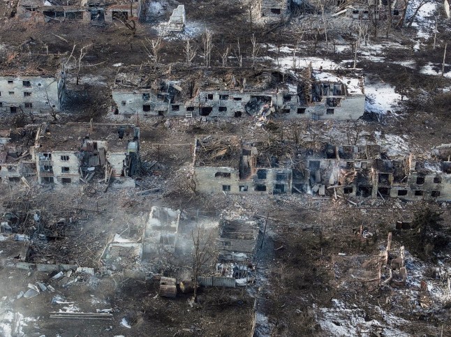 epa11919663 A handout photo made available by Ukraine's 93rd Mechanized Brigade press service shows destroyed buildings in the frontline city of Toretsk, Donetsk region, eastern Ukraine, 22 February 2025 (issued 23 February 2025), amid the Russian invasion. EPA/UKRAINE'S 93RD MECHANIZED BRIGADE HANDOUT HANDOUT EDITORIAL USE ONLY/NO SALES