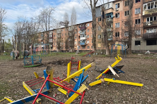 KRYVYI RIH, UKRAINE - APRIL 5: A destroyed playground remains after a Russian missile attack on April 5, 2025 in Kryvyi Rih, Ukraine. On the evening of April 4, the Russian army attacked the city of Kryvyi Rih with a ballistic missile and drones. The strike killed 19 people, including nine children. A total of 68 people were injured, and 40 remain hospitalized. (Photo by Polina Palamarchuk/Suspilne Ukraine/JSC "UA:PBC"/Global Images Ukraine via Getty Images)