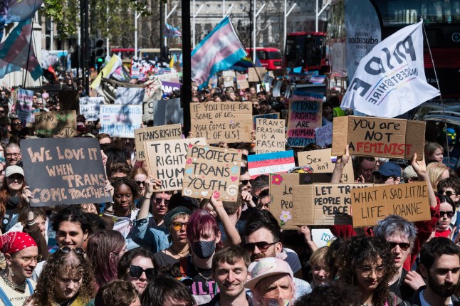 Mandatory Credit: Photo by WIktor Szymanowicz/NurPhoto/Shutterstock (15260963y) LONDON, UNITED KINGDOM - APRIL 19, 2025: Thousands of transgender people and their supporters stage a protest march in Westminster in support of trans rights following this week's UK Supreme Court unanimous ruling that the terms woman and sex in the Equality Act 2010 refer to a biological woman and biological sex, in London, United Kingdom on April 19, 2025. The demonstrators argue that this ruling could result in roll back of the rights and safety of trans people as public bodies and employers update their codes of practice. Stand For Trans Rights Protest In London, United Kingdom - 19 Apr 2025