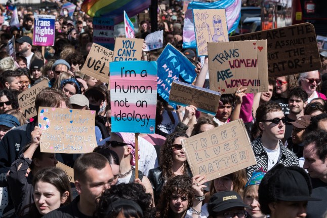 Mandatory Credit: Photo by WIktor Szymanowicz/NurPhoto/Shutterstock (15260963av) LONDON, UNITED KINGDOM - APRIL 19, 2025: Thousands of transgender people and their supporters stage a protest march in Westminster in support of trans rights following this week's UK Supreme Court unanimous ruling that the terms woman and sex in the Equality Act 2010 refer to a biological woman and biological sex, in London, United Kingdom on April 19, 2025. The demonstrators argue that this ruling could result in roll back of the rights and safety of trans people as public bodies and employers update their codes of practice. Stand For Trans Rights Protest In London, United Kingdom - 19 Apr 2025