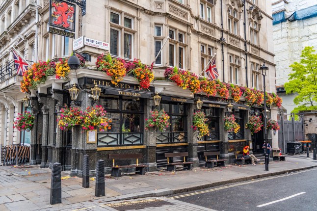 2YXYFXP London, England - September 8.2024: Street view of the Red Lion pub with flowers at the Westminster