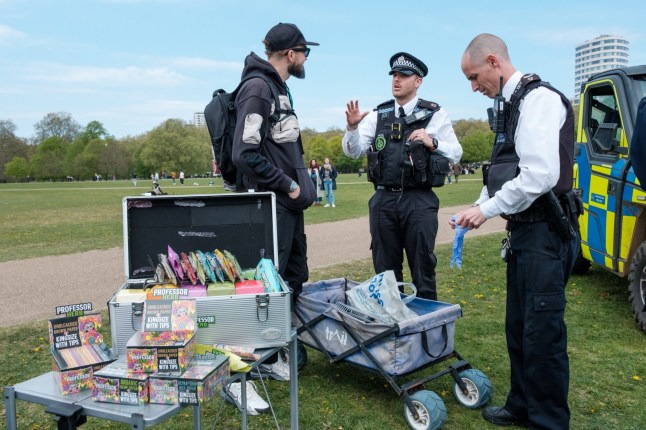 UNITED KINGDOM, London 20 April 2025: Crowds have gathered in Hyde Park to celebrate 420, the cannabis-oriented celebration that takes place annually on April 20 around the world. Many revellers brought cannabis into the park, as a police presence is heightened with officers intervening, targetting under-age smokers, dealers and preventing unlicensed trading. Credit: Ehimetalor Unuabona / Story Picture Agency