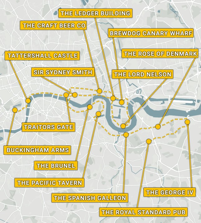 London Marathon pubs Metro map