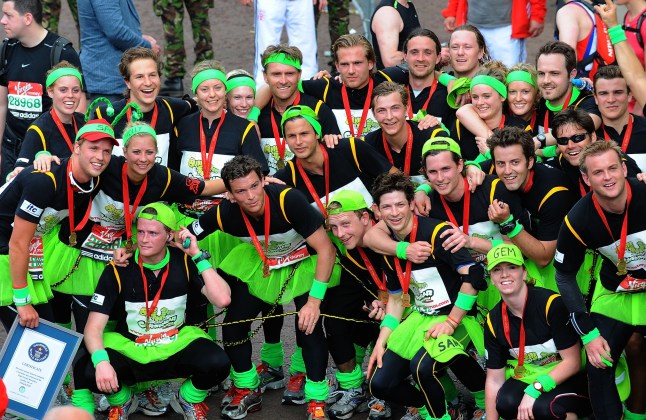 LONDON, ENGLAND - APRIL 25: Princess Beatrice, Sam Branson and Holly Branson (far left) complete the Virgin London Marathon on April 25, 2010 in London, England. (Photo by Ferdaus Shamim/WireImage)
