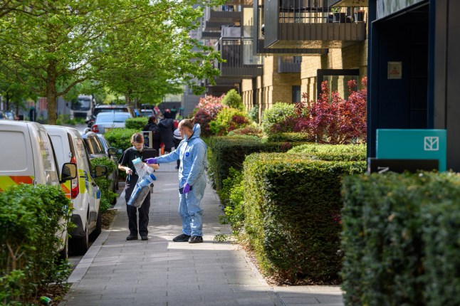 ?? Licensed to London News Pictures. 24/04/2025. London, UK. Forensic investigators at the scene in Southall after a man, believed to be in his 60s, was found dead in a flat at Monsted House on Samara Drive. The Metropolitan Police Service were called by the London Ambulance Service following concerns for the welfare of a man at 10:56BST on Wednesday, 23 April 2025. A 54-year-old man from Southall was arrested on suspicion of murder and preventing a lawful burial on Wednesday, 23 April 2025. Photo credit: Peter Manning/LNP