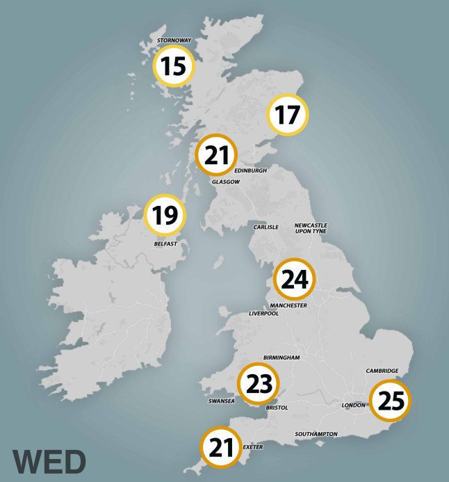 Wednesday weather temperature map 30 April