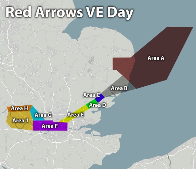 Map shows likely Red Arrows fly past route on VE Day 2025