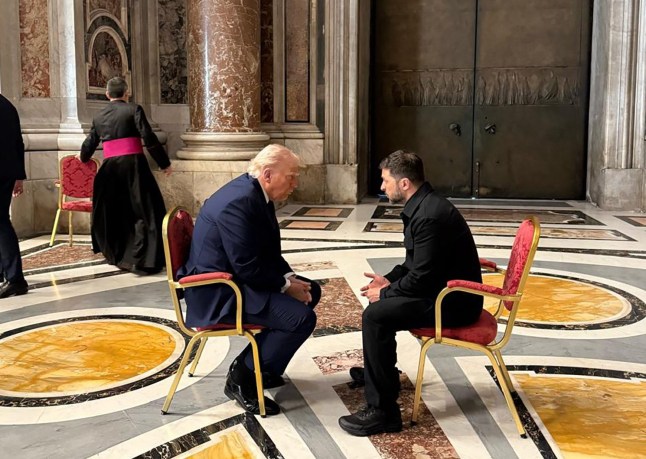 In this photo provided by the Ukrainian Presidential Press Office, Ukraine's President Volodymyr Zelenskyy, right, and President Donald Trump, talk as they attend the funeral of Pope Francis in Vatican, Saturday, April 26, 2025.(Ukrainian Presidential Press Office via AP)