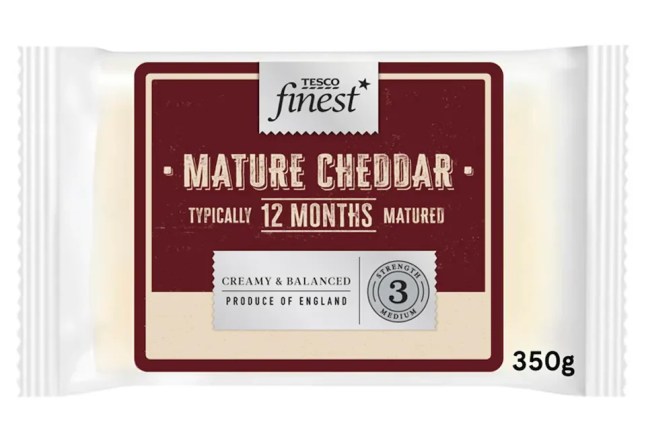 Tesco Finest Mature English Cheddar cheese on a white background